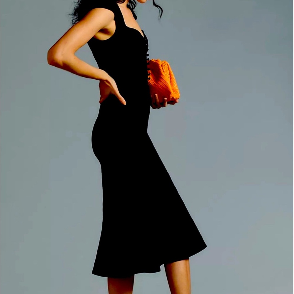 Anthropologie The Cecily Women's Black Cap Sleeves Fit & Flare Midi Dress L NWT